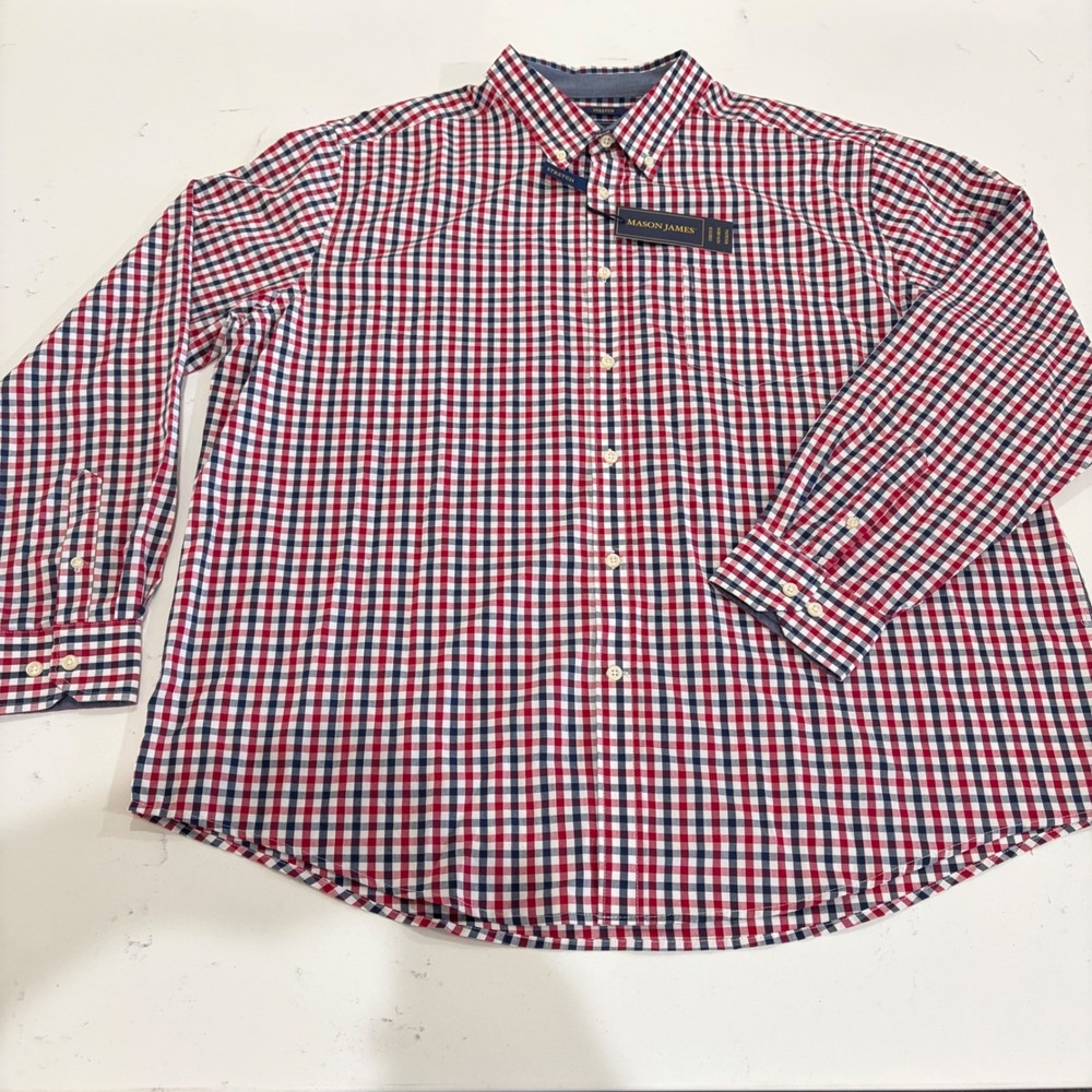 Mason James Mens XXL Red White Blue Gingham Stretch Non-Iron Wicking Shirt NWT